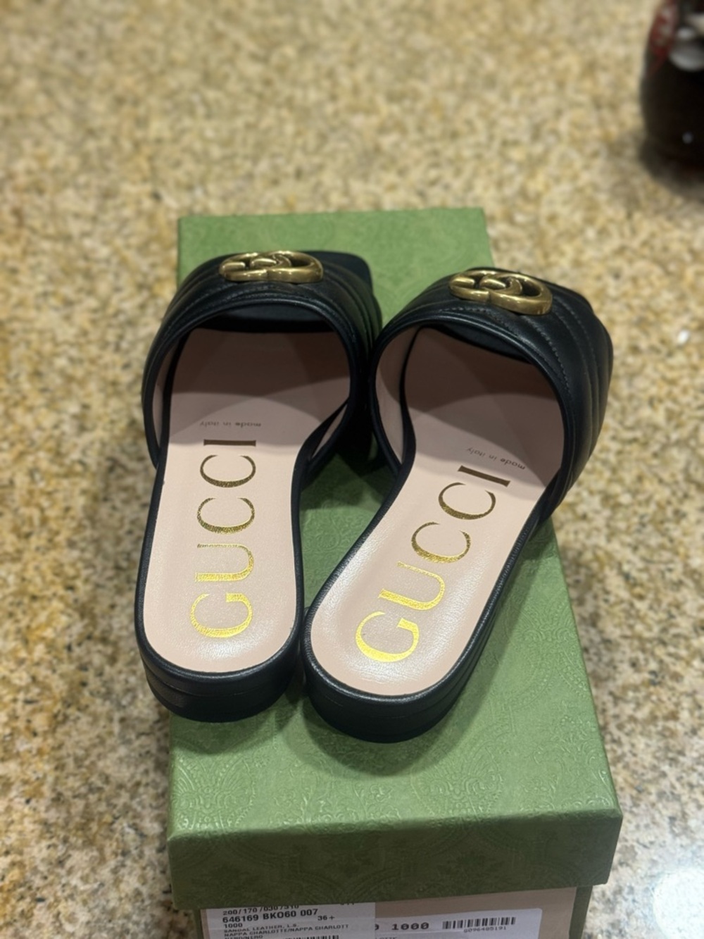 Gucci Black Quilted Leather Slide Mules with Gold GG Hardware - Picture 4 of 7